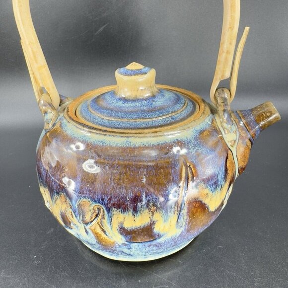 Vintage Pottery Stoneware Teapot Carafe With Wood Handle Drip Glaze Signed Mosia - Picture 14 of 16